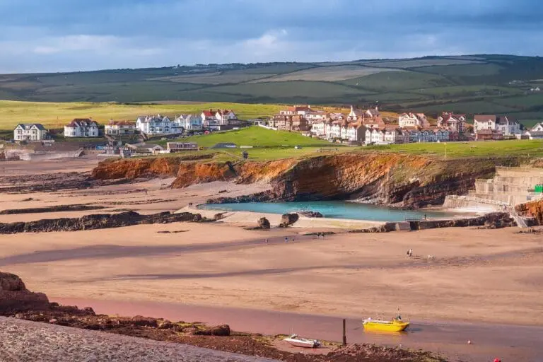 Bude beach and dramatic red sandstone cliffs, 4 miles from Little Pig, North Cornwall