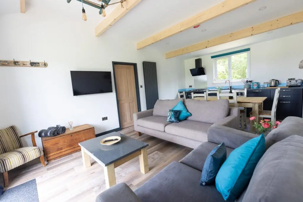 Open-plan living area in Little Pig lodges with grey sofas, exposed beams and turquoise accents, North Cornwall